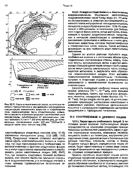 Карта и геологический разрез, на которых показано горизонтальное и вертикальное распределение концентраций взвешенного вещества в нефелоидном слое, северо-западная часть Атлантического океана. Интенсивность штриховки указывает на относительные концентрации, колеблющиеся от максимальных, равных примерно 0,1 млн