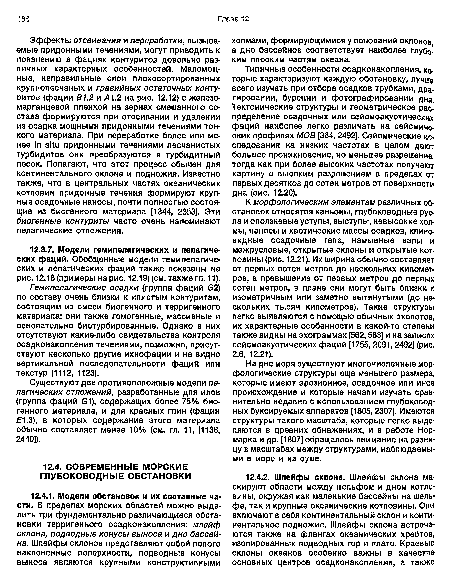 К морфологическим элементам различных об становок относятся каньоны, глубоководные русла и оползневые уступы, выступы, невысокие холмы, наносы и хаотические массы осадков, клиновидные осадочные тела, намывные валы и межрусловые, открытые склоны и открытые котловины (рис. 12.21). Их ширина обычно составляет от первых сотен метров до нескольких километров, а превышение от первых метров до первых сотен метров, в плане они могут быть близки к изометричным или заметно вытянутыми (до нескольких тысяч километров). Такие структуры легко выявляются с помощью обычных эхолотов, их характерные особенности в какой-то степени также видны на эхограммах [562,563] и на записях сейсмоакустических фаций [1755,2091,2492] (рис. 2.6, 12.21).