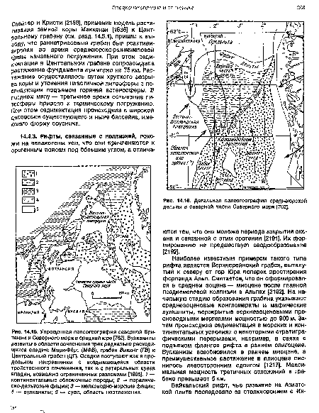 Слейтер и Кристи [2156], применив модель растягивания земной коры Маккензи [1636] к Центральному грабену (см. разд. 14.5.1), пришли к выводу, что раннетриасовый грабен был реактивизирован во время среднеюрско-раннемеловой фазы начального погружения. При этом седиментация в Центральном грабене сопровождала растяжение фундамента примерно на 75 км. Растяжение осуществлялось путем хрупкого разрыва коры и утонения пластичной литосферы с последующим подъемом горячей астеносферы. В позднем мелу — третичное время остывание литосферы привело к термическому погружению. При этом седиментация происходила в широкой депрессии существующего и ныне бассейна, имеющего форму соусника.