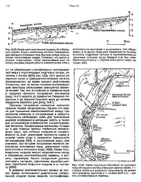 Разрез континентальной окраины Юго-Запад-	опрокинутыми разломами и ди&пириэмом. Они образо-