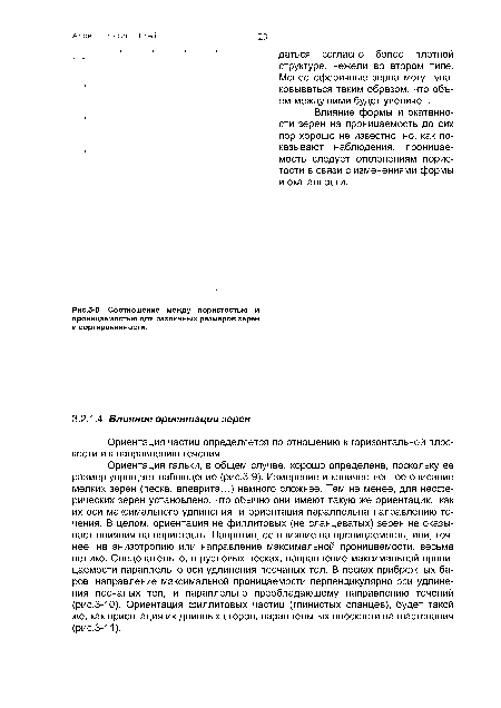 Соотношение между пористостью и проницаемостью для различных размеров зерен и сортированности.
