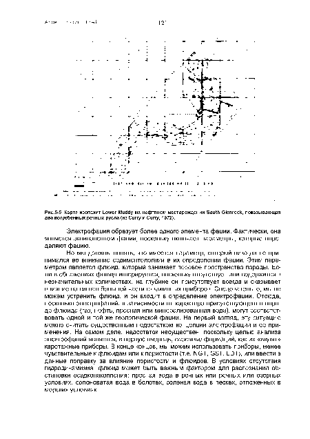 Карта изопахит Lower Muddy на нефтяном месторождении South Gienrock, показывающая два погребенных речных русла (из Curry и Curry, 1972).