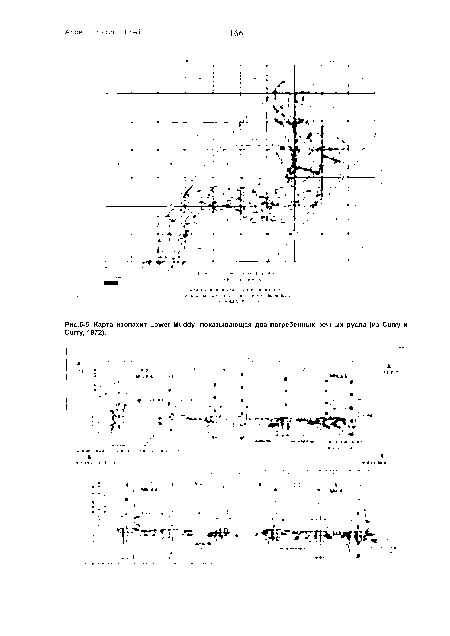 Карта изопахит Lower Muddy, показывающая два погребенных речных русла (из Curry и Curry, 1972).