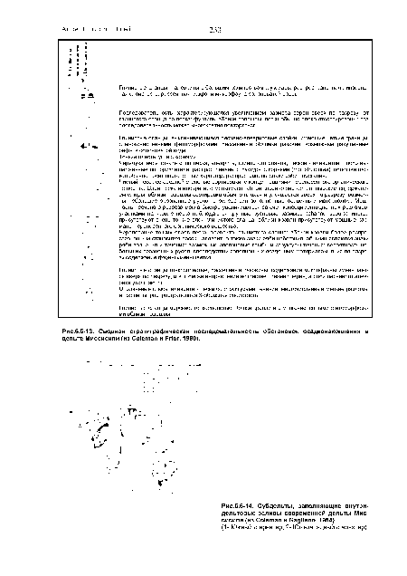 Сводная стратиграфическая последовательность обстановок осадконакопления в дельте Миссисипи (из Coleman и Prior, 1980).