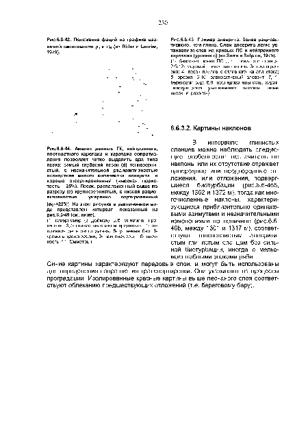 Пример алеврита, более радиоактивного, чем глина. Слои алеврита легко устанавливаются на кривых ПС и нейтронного каротажа (уровни с) (из Serra и Sulpice, 1975).