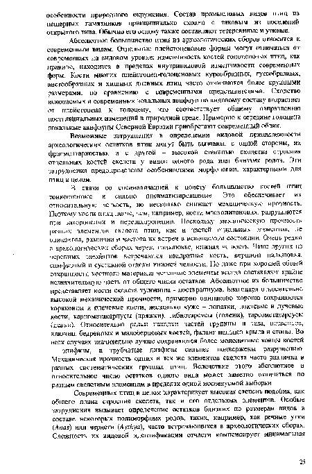 Абсолютное большинство птиц из археологических сборов относится к современным видам. Отдельные плейстоценовые формы могут отличаться от современных на видовом уровне; изменчивость костей голоценовых птиц, как правило, находится в пределах внутривидовой изменчивости современных форм. Кости многих плейстоцен-голоценовых курообразных, гусеобразных, аистообразных и хищных дневных птиц часто отличаются более крупными размерами, по сравнению с современными представителями. Сходство ископаемых и современных локальных авифаун по видовому составу возрастает от плейстоцена к голоцену, что соответствует общему направлению постгляциальных изменений в природной среде. Примерно к середине голоцена локальные авифауны Северной Евразии приобретают современный облик.