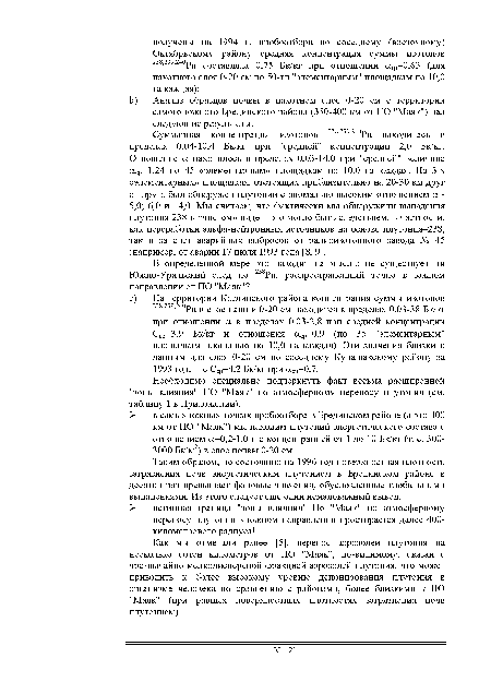 Как мы отмечали ранее [5], перенос аэрозолей плутония на несколько сотен километров от ПО "Маяк", по-видимому, связан с чрезвычайно мелкодисперсной фракцией аэрозолей плутония, что может приводить к более высокому уровню депонирования плутония в организме человека по сравнению с районами, более близкими к ПО "Маяк" (при равных поверхностных плотностях загрязнения почв плутонием).