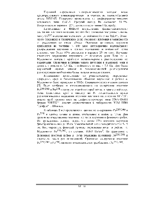 Проведенные в ФИБе-4 исследования физико-химического состояния плутония показали, что его биологическая доступность выше, чем у Сб137 и составляет в среднем для пойменной почвы 7±2,4%. Имеет место тенденция к увеличению доли обменного плутония в зависимости от расстояния от места сброса. Основная активность плутония приходится на частицы < 100 мкм. Исследование вертикального распределения плутония в донных отложениях и пойменной почве показало, что более 95% находится в верхнем 25 см слое. Изучение плотности загрязнения плутонием от верховьев реки Теча до с. Муслюмово показало крайнюю неравномерность распределения по территории. Оценочная величина запаса плутония в верховьях реки в донных отложениях 0,3 Ки, в пойменных почвах - 7,5 Ки. Для более корректной оценки запасов и закономерностей распределения радионуклидов необходимы более детальные исследования.