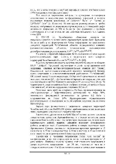 Что касается загрязнения воздуха, то суммарная концентрация естественных и искусственных альф а-активных аэрозолей в воздухе населенных пунктов колебалось от 0,016x10"3 Бк/м"3 (г. Касли) до 0,075х10"3 Бк/м3 (г. Кыштым). Концентрация радионуклидов в пробах воздуха, отобранных за движущимся транспортом, по суммарной альфа-активности возрастает до 100 и более раз (по сравнению с пробами, отобранными в это же время, но вне действия автодорог), что, однако, ниже ДКБ.