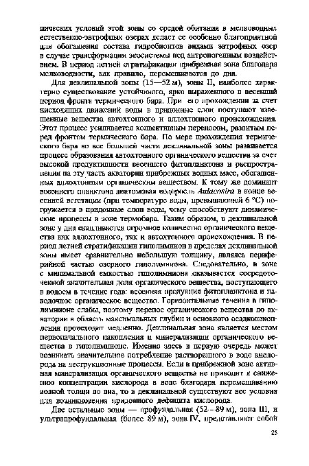 Для деклинальной зоны (15—52 м), зоны II, наиболее характерно существование устойчивого, ярко выраженного в весенний период фронта термического бара. При его прохождении за счет нисходящих движений воды в придонные слои поступают взвешенные вещества автохтонного и аллохтонного происхождения. Этот процесс усиливается конвективным переносом, развитым перед фронтом термического бара. По мере прохождения термического бара во все большей части деклинальной зоны развивается процесс образования автохтонного органического вещества за счет высокой продуктивности весеннего фитопланктона и распространения на эту часть акватории прибрежных водных масс, обогащенных аллохтонным органическим веществом. К тому же доминант весеннего планктона диатомовая водоросль Аи1асоз1га в конце весенней вегетации (при температуре воды, превышающей 6 °С) погружается в придонные слои воды, чему способствуют динамические процессы в зоне термобара. Таким образом, в деклинальной зоне у дна скапливается огромное количество органического вещества как аллохтонного, так и автохтонного происхождения. В период летней стратификации гиполимнион в пределах деклинальной зоны имеет сравнительно небольшую толщину, являясь периферийной частью озерного гиполимниона. Следовательно, в зоне с минимальной емкостью гиполимниона оказывается сосредоточенной значительная доля органического вещества, поступающего в водоем в течение года: весенняя продукция фитопланктона и па-водочное органическое вещество. Горизонтальные течения в гипо-лимнионе слабы, поэтому перенос органического вещества по акватории в область максимальных глубин и основного осадконакоп-ления происходит медленно. Деклинальная зона является местом первоначального накопления и минерализации органического вещества в гиполимнионе. Именно здесь в первую очередь может возникать значительное потребление растворенного в воде кислорода на деструкционные процессы. Если в прибрежной зоне активная минерализация органического вещества не приводит к снижению концентрации кислорода в воде благодаря перемешиванию водной толщи до дна, то в деклинальной существуют все условия для возникновения придонного дефицита кислорода.