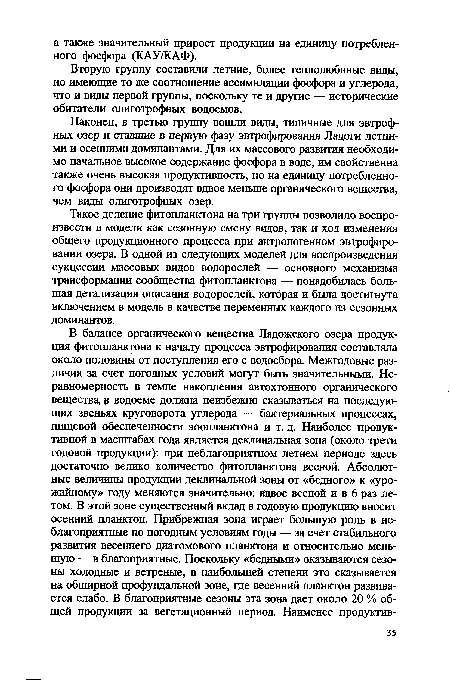 Наконец, в третью группу вошли виды, типичные для эвтроф-ных озер и ставшие в первую фазу эвтрофирования Ладоги летними и осенними доминантами. Для их массового развития необходимо начальное высокое содержание фосфора в воде, им свойственна также очень высокая продуктивность, но на единицу потребленного фосфора они производят вдвое меньше органического вещества, чем виды олиготрофных озер.