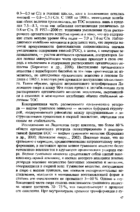 Консервативная часть растворенного органического углерода — водное гуминовое вещество — является буферной структурой, поддерживающей райновьсие между продукционными и де-струкционными процессами в озерной экосистеме, определяя тем самым ее стабильность.