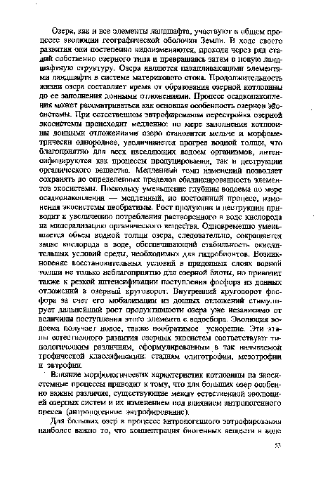 Влияние морфологических характеристик котловины на Зкоси-стемные процессы приводит к тому, что для больших озер особенно важны различия, существующие между естественной эволюцией озерных систем и их изменением под влиянием антропогенного пресса (антропогенное эвтрофирование).