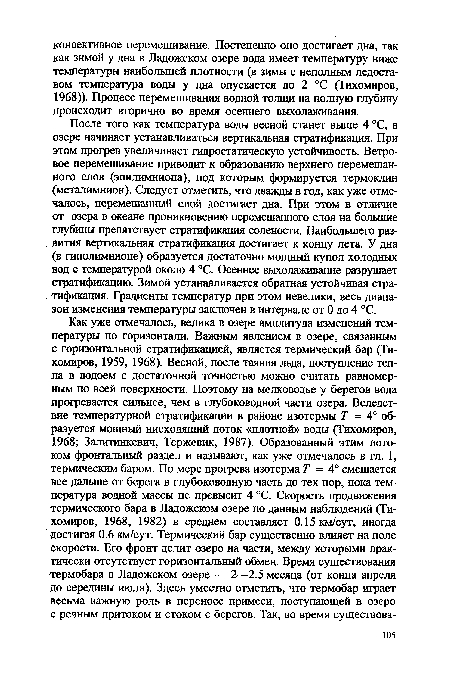 После того как температура воды весной станет выше 4 °С, в озере начинает устанавливаться вертикальная стратификация. При этом прогрев увеличивает гидростатическую устойчивость. Ветровое перемешивание приводит к образованию верхнего перемешанного слоя (эпилимниона), под которым формируется термоклин (металимнион). Следует отметить, что дважды в год, как уже отмечалось, перемешанный слой достигает дна. При этом в отличие от озера в океане проникновению перемешанного слоя на большие глубины препятствует стратификация солености. Наибольшего развития вертикальная стратификация достигает к концу лета. У дна (в гиполимнионе) образуется достаточно мощный купол холодных вод с температурой около 4 °С. Осеннее выхолаживание разрушает стратификацию. Зимой устанавливается обратная устойчивая стратификация. Градиенты температур при этом невелики, весь диапазон изменения температуры заключен в интервале от 0 до 4 °С.