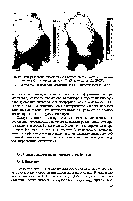 Следует отметить также, что данная модель, как показывают результаты моделирования, более адекватна реальности, чем другие модели авторов. Новая модель более точно воспроизводит круговорот фосфора в экосистеме водоема. С ее помощью можно пополнить информацию о пространственном распределении всех субстанций, учитываемых в модели, особенно для тех периодов, когда эта информация отсутствует.