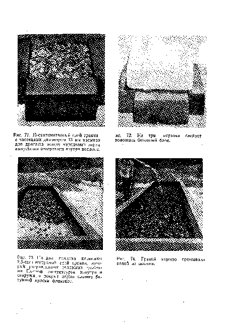На дно поддона насыпают 2,5-сантиметровый слой гравия, который разравнивают садовыми граблями. Поддон оштукатурен изнутри и снаружи и покрыт двумя слоями битумной краски флинткот.