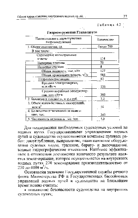 Для поддержания необходимых судоходных условий на водных путях Государственными управлениями водных путей и судоходства осуществляется комплекс путевых работ: дноуглубление, выправление, навигационное оборудование судовых ходов, траление, берего- и дноочищение, водные гидрографические изыскания. Наиболее эффективным в отношении достижения конечного результата является землечерпание, которое осуществляется на внутренних водных путях 270 земснарядами производительностью от 250 до 4000 м3/ч.