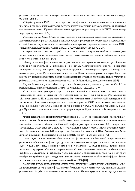 Фонд глобальной инфраструктуры создан в 1990 г. Это организация, обеспечивающая механизм финансирования глобальных экологических проектов в международном масштабе. Бюджет Фонда глобальной инфраструктуры составляет 1,11 млрд дол. 150 млн дол. поступают из США, 153 - от Японии. Размер безвозмездной помощи составляет 350 млн дол., из них 142 млн дол. - от Японии, 150 млн - из США. Руководство Фондом осуществляют Международный банк, ЮНЕП и другие организации [70].