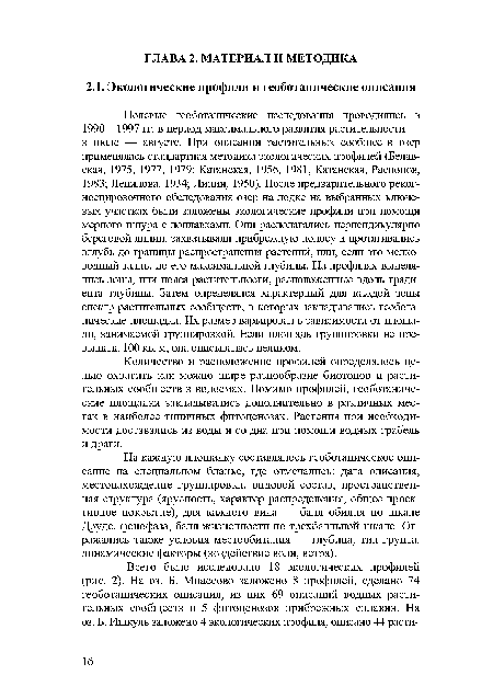 Количество и расположение профилей определялось целью охватить как можно шире разнообразие биотопов и растительных сообществ в водоемах. Помимо профилей, геоботанические площадки закладывались дополнительно в различных местах в наиболее типичных фитоценозах. Растения при необходимости доставались из воды и со дна при помощи водных грабель и драги.