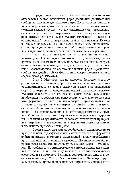 В оз. Б. Миассово, как по видовому богатству, так и по разнообразию жизненных форм выделяется формация тростника обыкновенного. В ее состав входят 25 видов 6-ти жизненных форм. Несмотря на то, что доминирующий вид является высокотравным гелофитом, по количеству видов здесь преобладают прибрежные гигрофиты (их присутствие характерно только для этой формации и только для этого озера) и прикрепленные погруженные гидрофиты. Высокотравные гелофиты литтть на третьем месте. Формация камыша озерного включает меньшее число видов — 13, принадлежащих к 5 эко биоморфо логическим группам, большая их часть — прикрепленные погруженные гидрофиты. В отличие от тростниковых сообществ отсутствуют прибрежные гигрофиты и плавающие на поверхности воды гидрофиты, и появляются приземные гелофиты.