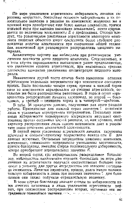 Назначением другой части опытов было выяснение влияния агрегатности отдельных ингредиентов при неизменном состоянии прочих. Было поставлено четыре серии, причем в каждой серии один из компонентов варьировался по степени агрегатности, остальные же были распределены равномерно. В первой серии варьировалось распределение личинок хирономид, во второй — боко-плавов, в третьей — неживого корма и в четвертой—дреиссен.