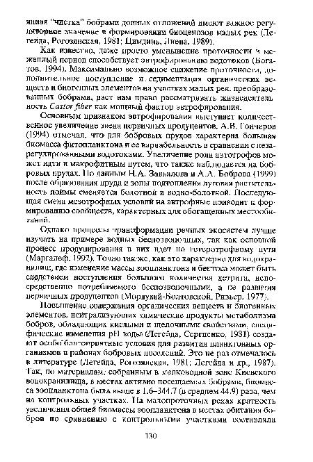 Основным признаком эвтрофирования выступает количественное увеличение звена первичных продуцентов. A.B. Гончаров (1994) отмечал, что для бобровых прудов характерна большая биомасса фитопланктона и ее вариабельность в сравнении с неза-регулированными водотоками. Увеличение роли автотрофов может идти и макрофитным путем, что также наблюдается на бобровых прудах. По данным H.A. Завьялова и A.A. Боброва (1999) после образования пруда и зоны подтопления луговая растительность поймы сменяется болотной и водно-болотной. Последующая смена мезотрофных условий на эвтрофные приводит к формированию сообществ, характерных для обогащенных местообитаний.