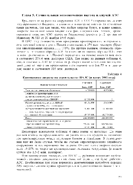 В 1997 году стоимость всей программы проектирования и строительства головной станции для г. Певека оценивалась в 254 млн. долларов (Краткая аннотационная справка., 1997). По другим данным, стоимость строительства головного образца АЭС (в качестве головного образца ПЭБ взят вариант размещения в г. Певеке) определена на основе анализа аналогов и составляет 279,4 млн. долларов США. Как видно из данных таблицы 4, общая стоимость АЭС (с учетом ее разборки после окончания эксплуатации) даже по расчетам проектировщиков значительно (на 55 млн. долларов) выше и составляет 335 млн. долларов.