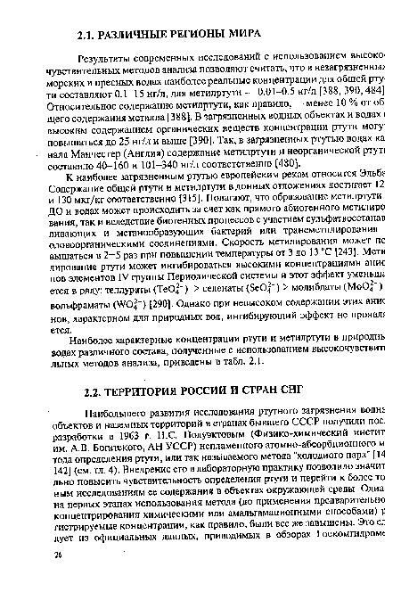 Наиболее характерные концентрации ртути и метилртути в природнь водах различного состава, полученные с использованием высокочувствит< льных методов анализа, приведены в табл. 2.1.