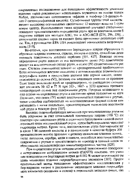 Влияние гидридобразующих элементов при восстановлении ртути м< быть устранено за счет оптимальной температуры нагрева (100 °С) ам гаматора при накоплении ртути и щелочного промывания газовой смеси держащей пары восстановленной ртути, путем барботирования через рас гидроксида натрия. Кроме того, восстановление ртути боргидридом на в среде 5 М соляной кислоты и в присутствии в качестве буфера 200 трехвалентного железа приводит к резкому снижению влияния золота, тины, палладия, серебра, меди и никеля, способных восстанавливаться новременно с ртутью и препятствовать ее переводу в газовый поток за образования мелкодисперсных амальгамированных частиц [628].