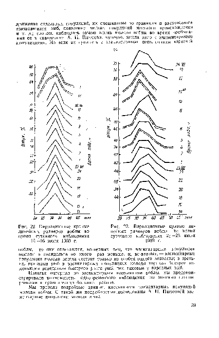 Вариационные кривые линейных размеров воблы во время суточного наблюдений 15—16 июля 1959 г.