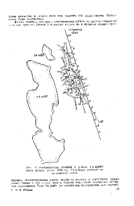 Распределение станций в районе Гандурин-ского канала (июль 1960 г.). Стрелками указано передвижение судна.