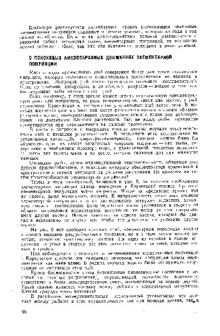 Чтобы в этом разобраться, вернемся к рис. 5, на котором изображена элементарная популяция хамсы, вошедшая в Керченский пролив. Границы элементарной популяции четко очерчены. Нигде за пределами границ нет ни одного, даже маленького, косячка. В направленности отдельных косяков элементарной популяции и в их расположении нетрудно подметить взаимную связь в передвижении. Если отдельный косяк уклоняется в сторону от общего направления элементарной популяции, то вслед за ним направляются другие косяки. Нельзя заметить ни одного косяка, который бы двигался независимо от других или чтобы его движение не увлекало другие косяки.