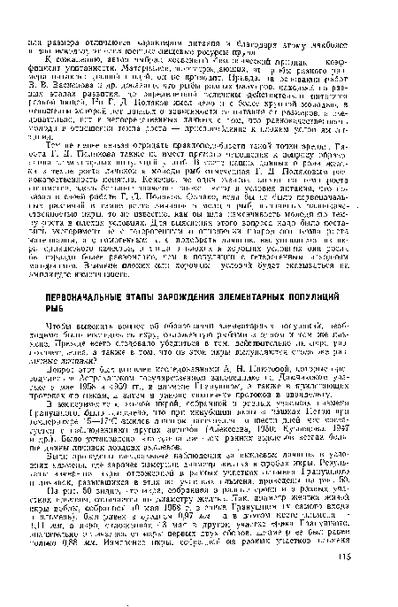 Были проведены специальные наблюдения за выклевом личинок в условиях ильменя, где заранее измерили диаметр желтка в пробах икры. Результаты измерения икры, отложенной в разных участках ильменя Гранушного и личинок, развившихся в этих же участках ильменя, приведены па рис. 50.