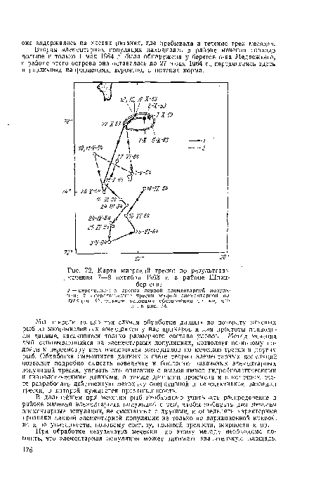 Карта миграций трески по результатам мечения 7—8 октября 1963 г. в районе Шпицбергена