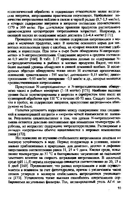 Проведены исследования по оценке содержания нитрозаминов в молоке и молочных продуктах, мясе. В качестве основного корма для животных использовали траву с пастбищ, на которые вносили азотные удобрения, и корнеплоды. При этом в сыре были обнаружены Ы-шпрозоди-метил- и N-нитрозодиэтиламнн. Содержание первого в среднем составляло 0,9 мкг/кг [160]. В табл. 2.17 приведены данные по содержанию Ы-нитрозодиметиламина в рыбных и мясных продуктах. Видно, что наиболее высокий уровень обнаружен в свиной домашней колбасе. В исследуемых образцах обнаружены также около 30 азотистых органических оснований: триметиламин - 590 мкг/кг; диэтиламин- 0,15 мкг/кг; диизо-пропиламин - 0,05 мкг/кг; пиперидин - 0,9 мкг/кг и др., которые являются предшественниками нитрозаминов.