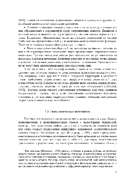 В соответствии с такой классификацией, отнесение источника к тому или другому типу не всегда зависит от пути, которым загрязнение попадает в реку. Так, например, смыв дорожной пыли с городской территории в результате ливня необходимо рассматривать как рассредоточенное загрязнение 1 даже в том случае, когда большая часть стока, пройдя через системы ливневой канализации, достигает водоема по каналам очистных сооружений [Behrendt, 1993]. Поэтому, когда говорят о неточечных источниках, под этим термином подразумевают, прежде всего, сами территории водосборных бассейнов, с которых в тех или иных гидрологических условиях возможно поступление загрязняющих веществ в водные объекты.