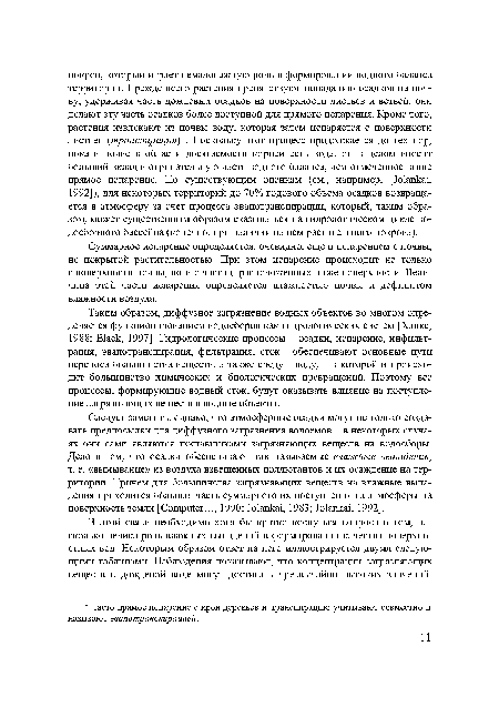 Таким образом, диффузное загрязнение водных объектов во многом определяется функционированием водосборов как гидрологических систем [Ханкс, 1988; Black, 1997]. Гидрологические процессы осадки, испарение, инфильтрация, эвапотранспирация, фильтрация, сток обеспечивают основные пути переноса большинства веществ, а также среду воду, в которой и происходит большинство химических и биологических превращений. Поэтому все процессы, формирующие водный сток, будут оказывать влияние на поступление загрязняющих веществ в водные объекты.