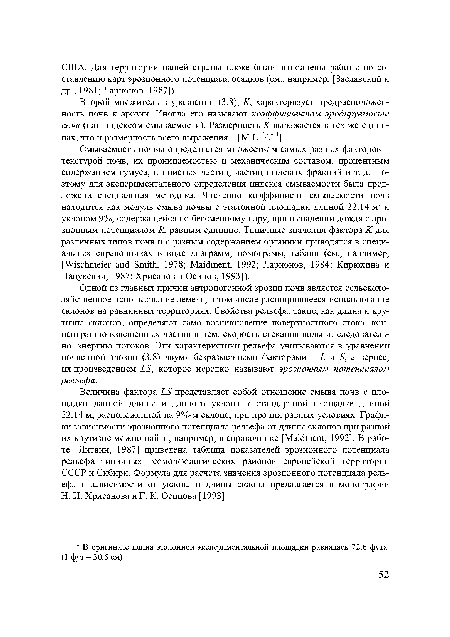 Одной из главных причин антропогенной эрозии почв является сельскохозяйственное использование земель, в том числе расширившееся использование склонов на равнинных территориях. Свойства рельефа, такие, как длина и крутизна склонов, определяют само возникновение поверхностного стока, концентрацию взвешенных частиц в нем, скорость стекания воды и, следовательно, энергию потоков. Эти характеристики рельефа учитываются в уравнении почвенной эрозии (3.8) двумя безразмерными факторами L и S, а вернее, их произведением LS, которое нередко называют эрозионным потенциалом рельефа.