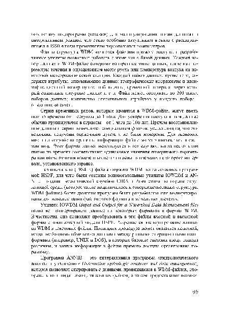 Первоначально (1984 г.) файлы формата WDM использовались программой HSPF, для чего были созданы вспомогательные утилиты IOWDM и ANNIE. Позднее Геологической службой США и Агентством по охране окружающей среды (которое также подключилось к совершенствованию структуры WDM-файлов) более дюжины программ были разработаны или модифицированы для использования файлов этого формата в модельных расчетах.