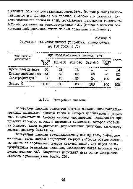 Батарейные циклоны устанавливаются, как правило, перед дымососами, Когда помимо сокращения твердых выбросов обеспечивается защита от абразивного износа летучей золой, или перед электрофильтрами батарейных циклонов, обладающих более выоокими степенями очистки /2/. Результаты испытаний двух типов батарейных циклонов приведены ниже (табл. 10).