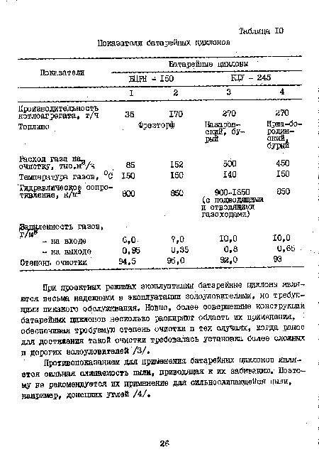 При проектных режимах эксплуатации батарейные циклоны являются весьма надежными в эксплуатации золоуловителями, не требующими никакого обслуживания. Новые, более совершенные конструкции батарейных циклонов несколько расширяют область их применения, обеспечивая требуемую степень очистки в тех случаях, когда ранее для достижения такой очистки требовалась установка более сложных и дорогих золоуловителей /3/.
