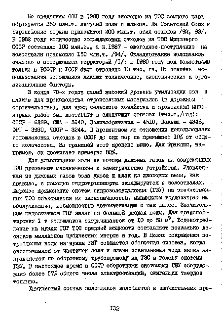 В 1982 году количество золошлаковых отходов на ТЭС Минэнерго СССР составило 100 млн.т., а к.1987 - ежегодное поступление на золоотвалы превысило 150 млн.т. /94/. Складирование золошлаков связано с отторжением территорий /I/: к 1980 году под золоотвалы только в РСФСР и УССР было отведено 13 тыс. га. На степень использования золошлаков влияют технические, экономические и организационные факторы.