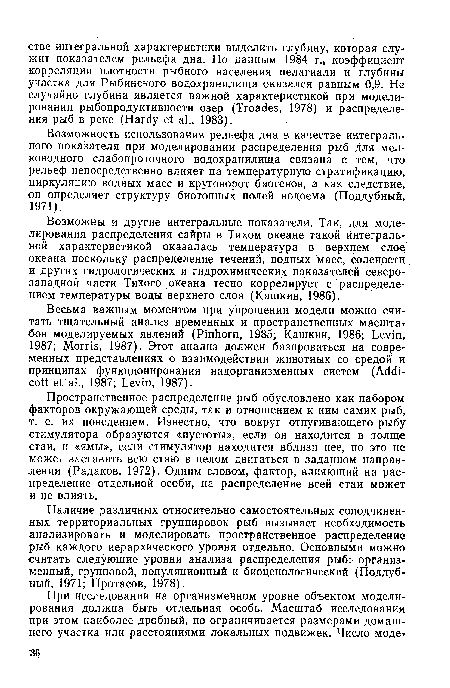 Возможность использования рельефа дна в качестве интегрального показателя при моделировании распределения рыб для мелководного слабопроточного водохранилища связана с тем, что рельеф непосредственно влияет на температурную стратификацию, циркуляцию водных масс и круговорот биогенов, а как следствие, он определяет структуру биотопных полей водоема (Поддубный, 1971).