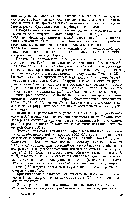 Профиль полигона канального типа с максимальной глубиной 10 м, слабовыраженной литоралью (10,2%), крутыми русловыми склонами и обширной подошвой русла. Течение 0,8—1,2 м/с, наблюдается небольшой сбой потока к левому берегу. Полигон мало приспособлен для постоянного местообитания рыбы и на эхограммах его преобладают пелагические эхоотметки от мигрантов (71,7%). Основная масса рыбы обнаруживалась в зонах В и Д, плотность рыбного населения оказалась здесь значительно выше, чем на всех предыдущих полигонах (в июне 410 шт./га). Она начинает нарастать в январе, дает первый пик в марте — апреле (150 шт./га), затем максимум в июне—июле и резко снижается к сентябрю.