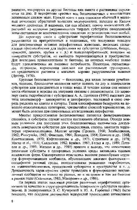 Крупные беспозвоночные — бокоплавы, ряд видов личинок ручейников, поденок, брюхоногие моллюски могут ползать по дну и поверхности субстратов или передвигаться в толще воды. В течение жизни они меняют места обитания и нередко их миграции связаны с размножением. По характеру связи гидробионтов с субстратами А. А. Протасов (1994) выделяет два типа ценоэкоморф — ценокриптон и ценофанерон, последний в свою очередь разделен на классы и когорты. Такая классификация базируется на довольно относительных категориях, чрезвычайно сложной терминологии, но может быть полезна при специальных исследованиях перифитона.
