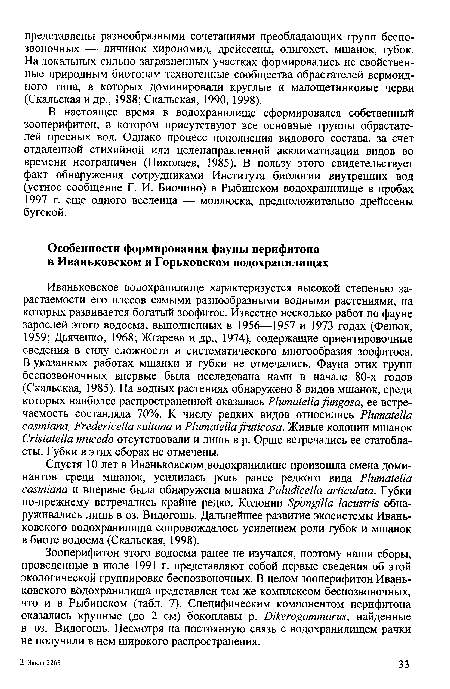 В настоящее время в водохранилище сформировался собственный зооперифитон, в котором присутствуют все основные группы обрастателей пресных вод. Однако процесс пополнения видового состава, за счет отдаленной стихийной или целенаправленной акклиматизации видов во времени неограничен (Николаев, 1985). В пользу этого свидетельствует факт обнаружения сотрудниками Института биологии внутренних вод (устное сообщение Г. И. Биочино) в Рыбинском водохранилище в пробах 1997 г. еще одного вселенца — моллюска, предположительно дрейссены бугской.
