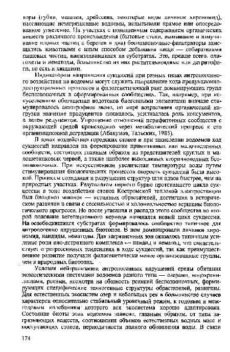 Индикатором направления сукцессий при разных типах антропогенного воздействия на водоемы могут служить направление хода продукционно-деструкционных процессов и филогенетический ранг доминирующих групп беспозвоночных в сформированных сообществах. Так, например, при искусственном обогащении водотоков биогенными элементами вначале стимулировалось автотрофное звено, по мере возрастания органической нагрузки значение продуцентов снижалось, усиливалась роль консументов, а затем редуцентов. Упрощение отношений перифитонных сообществ с окружающей средой происходило через метаболический прогресс к его организационной деградации (Абакумов, Тальских, 1985).