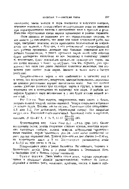 Неприхотливость карпа в его требованиях к качеству вод и к пище, его плодовитость, живучесть, да,ющая возможность перевозки на далекие расстояния, вкусное питательное мясо,—все это создает весьма удобные условия для культуры карпа в прудах, а также для пересадки его в подходящие по характеру вод озера. В рыбном хозяйстве будущего карп несомненно и у нас будет весьма видной величиной.