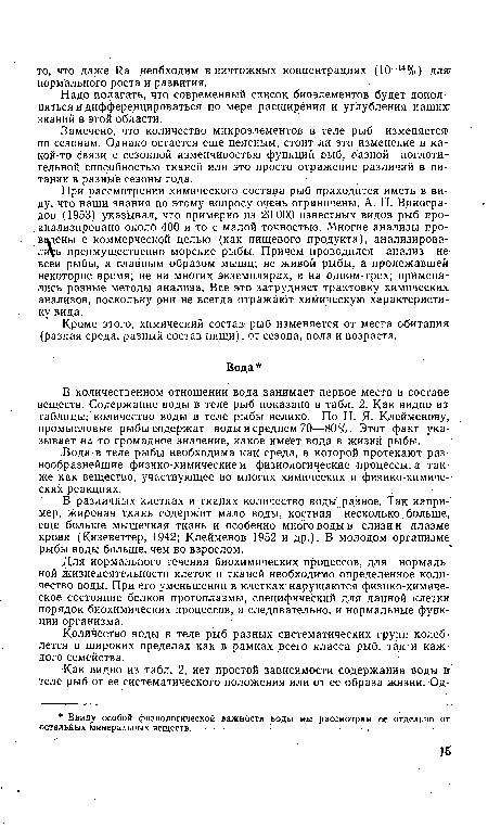 В количественном отношении вода занимает первое место в составе веществ, Содержание воды в теле рыб показано в табл. 2. Как видно из таблицы, количество воды в теле рыбы велико. По Н. Я. Клейменову, промысловые рыбы содержат воды в среднем 70—80%. Этот факт указывает нл то громадное значение, какое имеет вода в жизни рыбы.