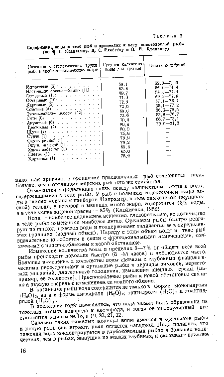 Вода ■— наиболее подвижное вещество, следовательно, ее количество в теле рыбы изменяется наиболее легко. Организм рыбы быстро реагирует на приход и расход воды и поддерживает количество ее в определенных границах (водный обмен). Наряду с этим объем воды в теле рыб значительно колеблется в связи с функциональными изменениями, связанными с приспособлением к новой обстановке.